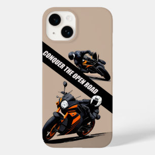 Motorradfahrer auf einem stilvollen Black and Oran Case-Mate iPhone 14 Hülle
