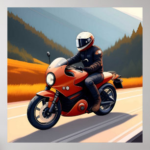 Motorradfahrer auf einer Bergstraße Poster