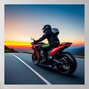 Motorradfahrer auf landschaftlich schöner Bergstra Poster