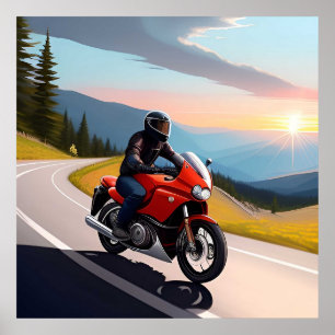 Motorradfahrer auf landschaftlich schöner Bergstra Poster