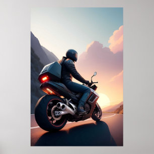 Motorradfahrer auf landschaftlich schöner Straße Poster