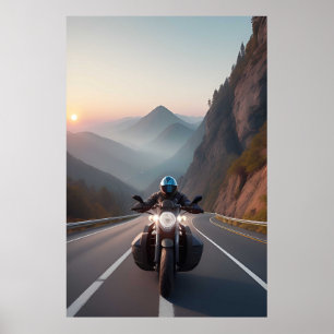 Motorradfahrer auf landschaftlich schöner Straße Poster
