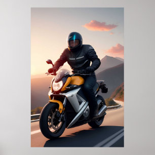 Motorradfahrer auf landschaftlich schöner Straße Poster