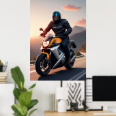 Motorradfahrer fahren durch Landschaftliche Straße Poster (Heimbüro)