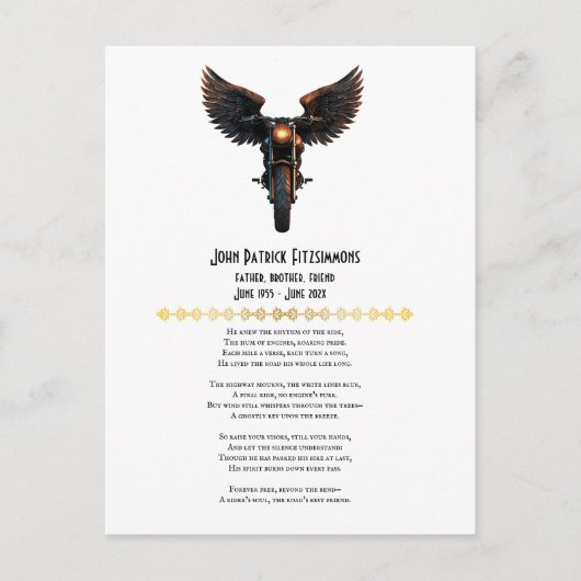 Motorradfahrer-Gedächtnisgedicht Postkarte (Vorderseite)