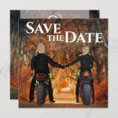 Motorradfahrer-Hochzeit im Herbstwald Save The Date (Vorne/Hinten)