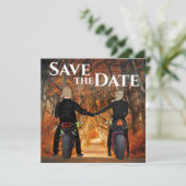 Motorradfahrer-Hochzeit im Herbstwald Save The Date (Stehend Vorderseite)