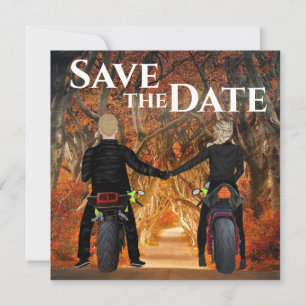 Motorradfahrer-Hochzeit im Herbstwald Save The Date