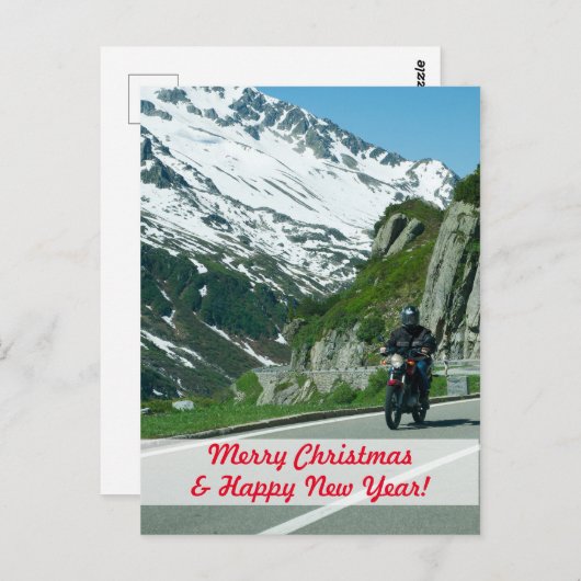 Motorradfahrer in schneebedeckten Bergen Weihnacht Postkarte (Vorne/Hinten)