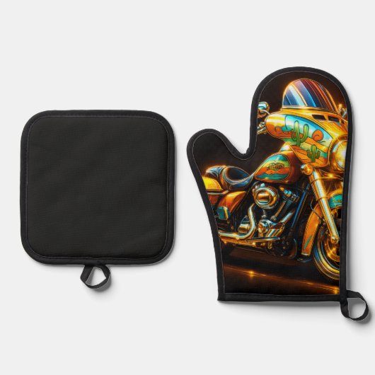 "Motorradflammfahrt - Ofen Mitt & Pot Holder SE Ofenhandschuh & Topflappen-Set (Vorderseite)