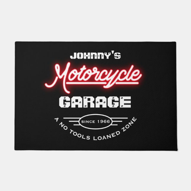 Motorradgarage jeden Namen Red Neon Effect Slogan Fußmatte (Vorderseite)