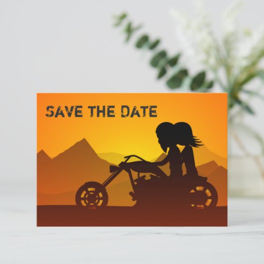 Motorradhütte, Berge und Sonnenuntergang Save The Date (Stehend Vorderseite)