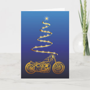 Motorradweihnachtsfest mit goldenem Fahrrad und Ba Karte