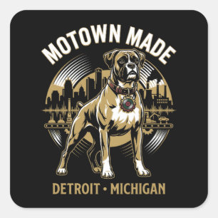 Motown Made Detroit Boxer Hund Arbeit & Musik Stol Quadratischer Aufkleber