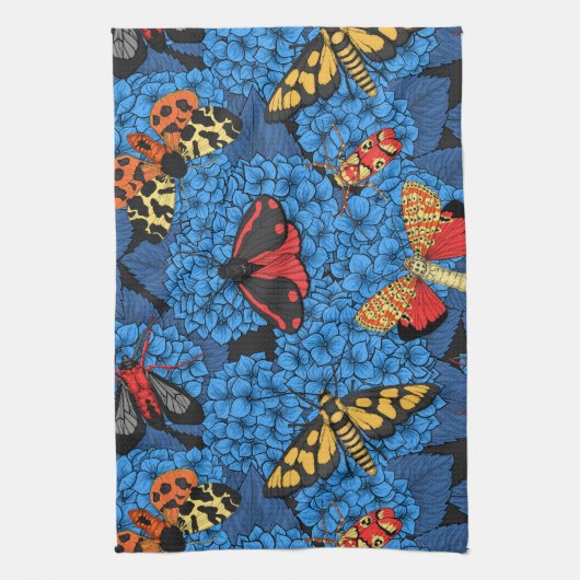 Motten auf blauem Hydrangea Geschirrtuch (Vertikal)