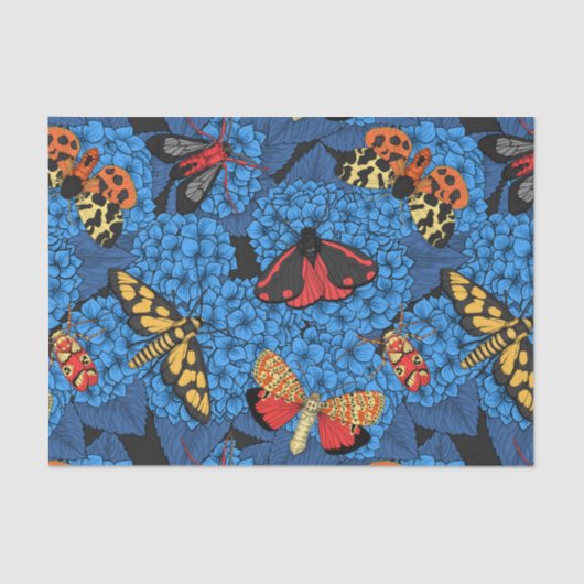 Motten auf blauem Hydrangea Seidenpapier (Vorderseite)
