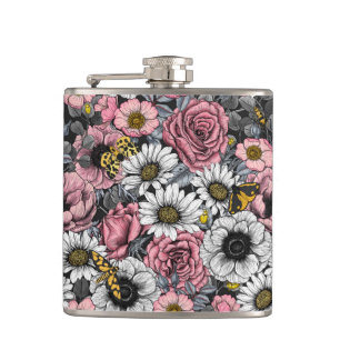 Motten auf der Blume mischen in Rosa und Grau Flachmann