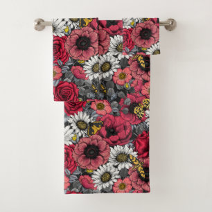 Motten auf der Blume mischen in Rot und Grau Badhandtuch Set