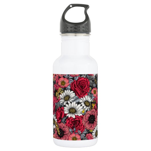 Motten auf der Blume mischen in Rot und Grau Edelstahlflasche (Vorderseite)