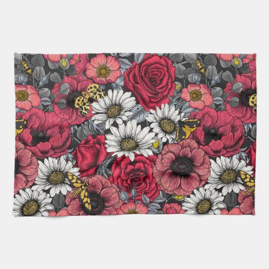Motten auf der Blume mischen in Rot und Grau Geschirrtuch (Horizontal)