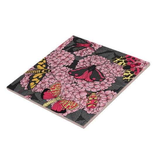 Motten auf rosa Hydrangea Fliese (Seite)