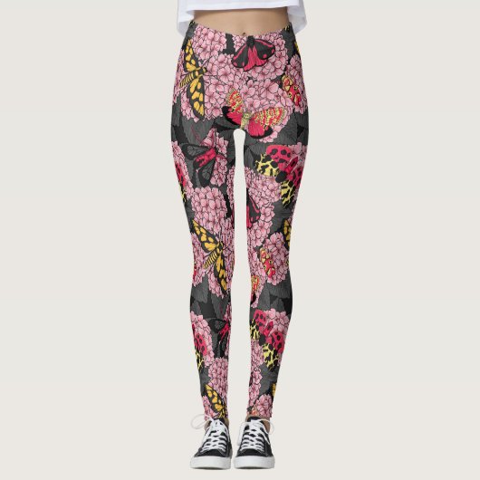 Motten auf rosa Hydrangea Leggings (Vorderseite)
