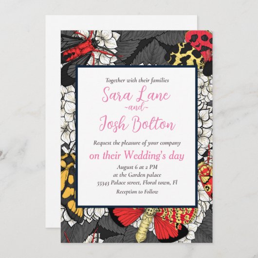 Motten auf weißem Hydrangea Einladung (Vorne/Hinten)