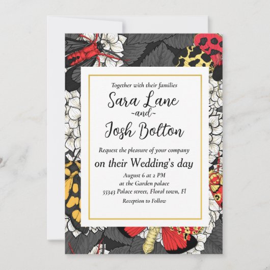 Motten auf weißem Hydrangea Einladung (Vorderseite)