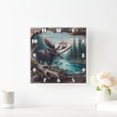 Mount by River im Wald Landschaft Kunst Quadratische Wanduhr (Zuhause)