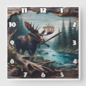 Mount by River im Wald Landschaft Kunst Quadratische Wanduhr (Vorderseite)