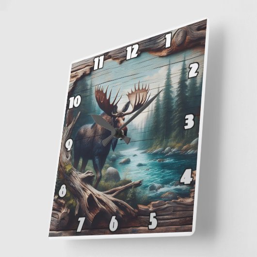 Mount by River im Wald Landschaft Kunst Quadratische Wanduhr (Winkel)