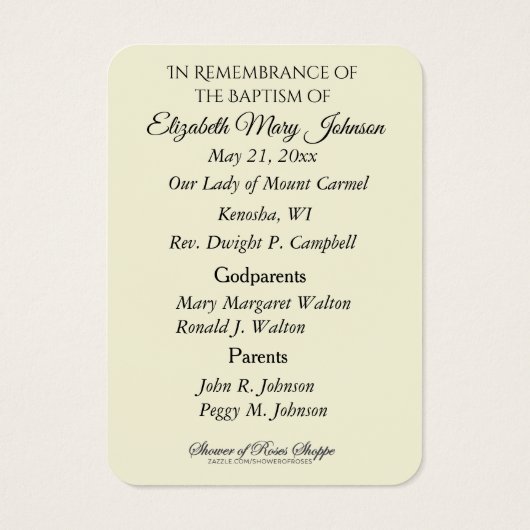 Mount Carmel Taufe Christening Erinnerungskarte (Rückseite)