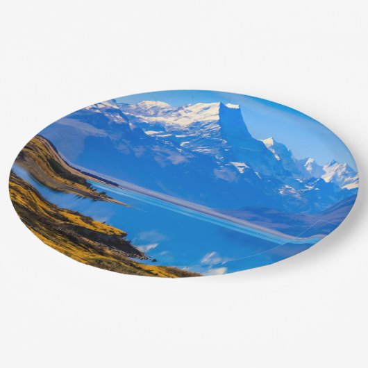 Mount Cook mit Blick auf den Pukaki-See, NZ Pappteller (Schrägansicht)