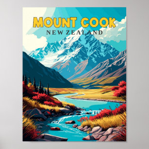 Mount Cook Neuseeland Vintage-Reiseillustration Poster