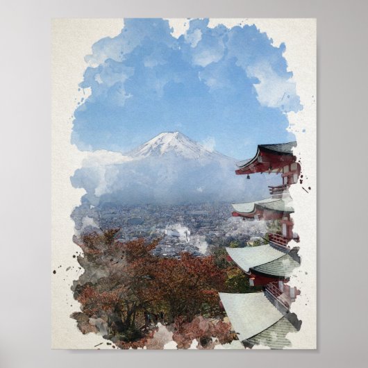 Mount Fuji Japan Wasserfarbe Kunst Poster (Vorne)