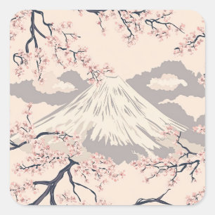 Mount Fuji mit Kirschblüten – Japanisch (2) Quadratischer Aufkleber