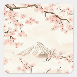 Mount Fuji mit Kirschblüten – Japanisch (3) Quadratischer Aufkleber