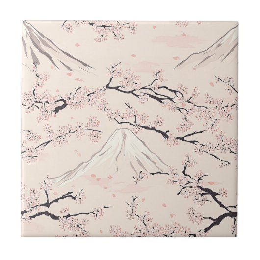 Mount Fuji mit Kirschblüten – Japanisch Fliese (Vorderseite)