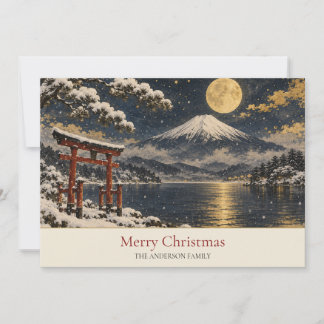 Mount Fuji Rotes Torii Goldener Mond Schnee Famili Feiertagskarte