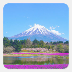 Mount Fuji Trees und Blume Quadratischer Aufkleber