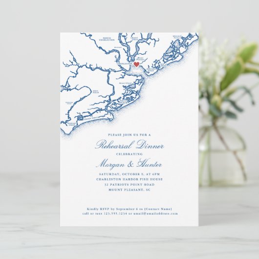 Mount Pleasant Navy Blue Hochzeit Probe Dinner Einladung (Stehend Vorderseite)