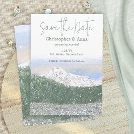 Mount Rainier, Falling Snow Wedding Save the Date Hinweiskarte