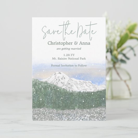 Mount Rainier, Falling Snow Wedding Save the Date Hinweiskarte (Stehend Vorderseite)