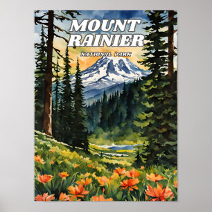 Mount Rainier National Park Illustration Retro Dec Poster