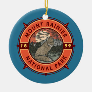 Mount Rainier National Park Red Fox Retro Compass Keramik Ornament