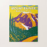 Mount Rainier Nationalpark Washington Retro Puzzle<br><div class="desc">Mount Rainier Vektorgrafik Design. Der Park ist von Tälern, Wasserfällen und subalpinen Wiesen umgeben.</div>