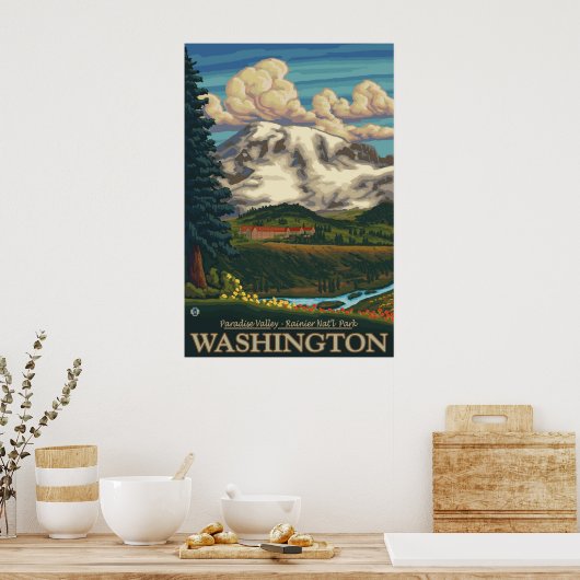 Mount Rainier - Paradise Inn Lodge - Reiseplakat Poster (Küche)