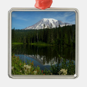 Mount Rainier Seereflektion mit Wildblumen Ornament Aus Metall