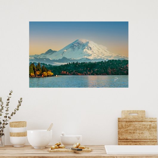 Mount Rainier über dem Washington Lake Sunset Fine Poster (Küche)