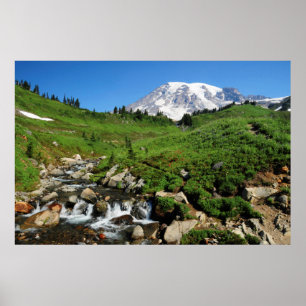 Mount Rainier, Wasserfall, schneebedeckt Poster